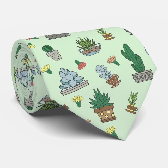 Cute Succulent Potted Plants Pattern Tie (Rolled)