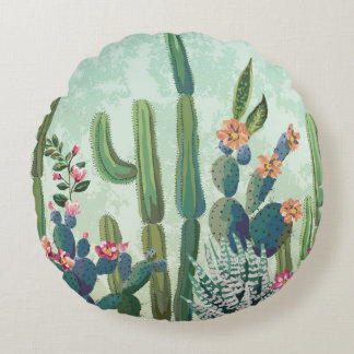 Cute Succulents: Vintage Cactus Pattern Round Pillow