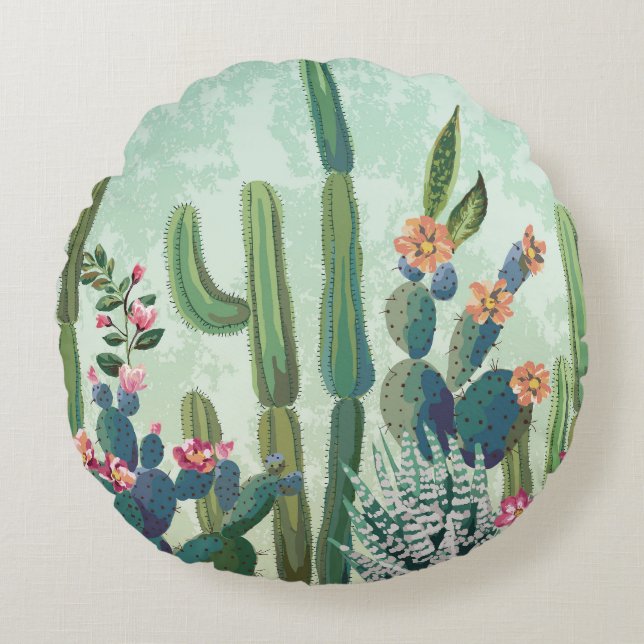 Cute Succulents: Vintage Cactus Pattern Round Pillow (Front)
