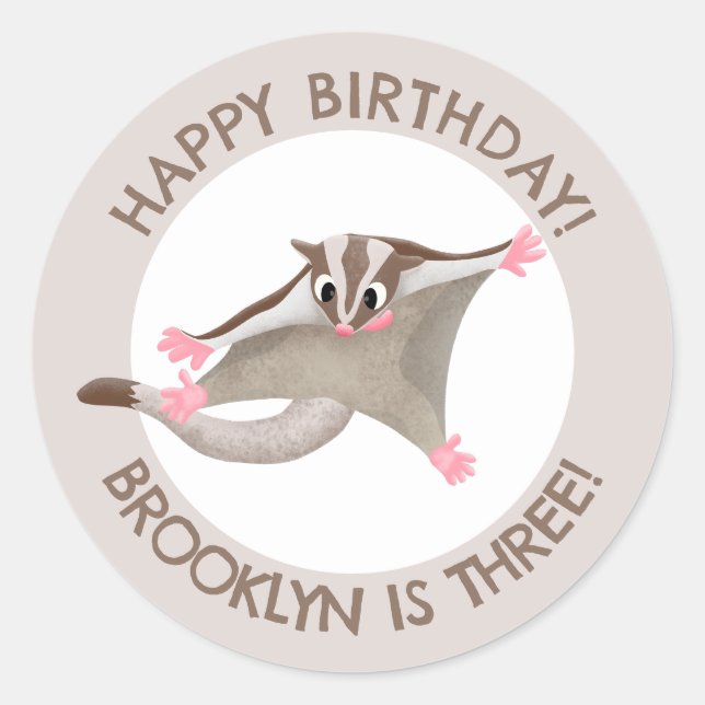 Cute sugar glider personalized cartoon birthday classic round sticker (Front)