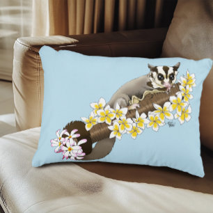 Cute Sugar Glider Tropical Plumeria Flowers Blue Accent Pillow