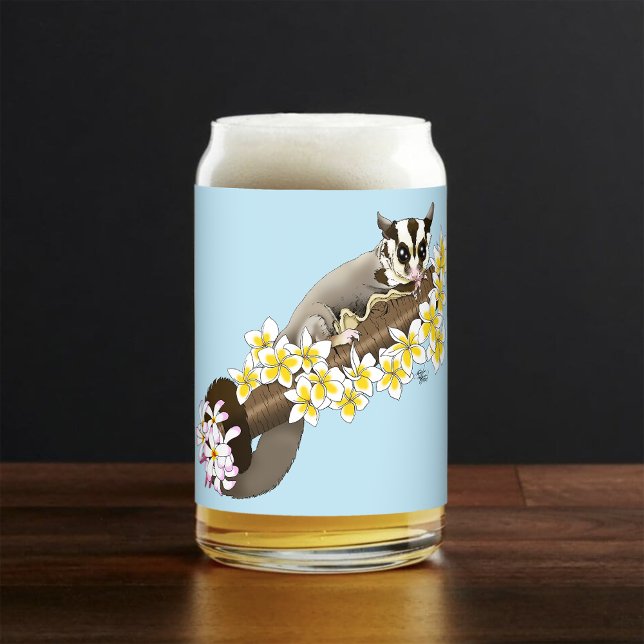 Cute Sugar Glider Tropical Plumeria Flowers Blue Can Glass (Creator Uploaded)