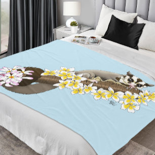 Cute Sugar Glider Tropical Plumeria Flowers Blue Fleece Blanket