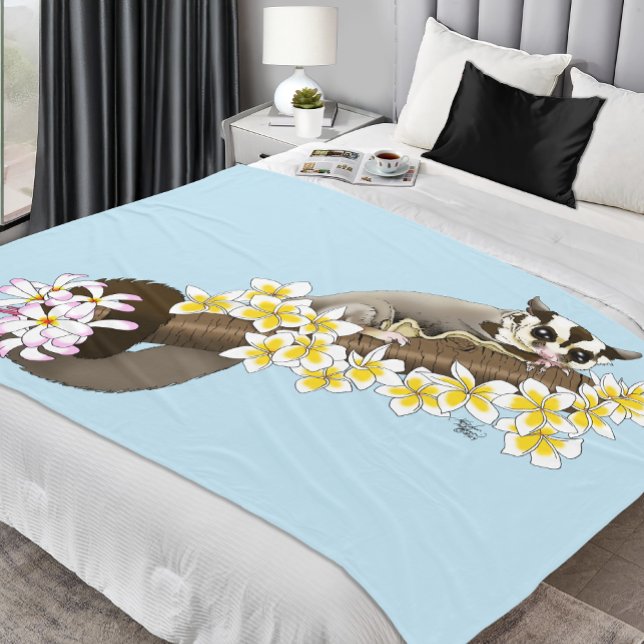 Cute Sugar Glider Tropical Plumeria Flowers Blue Fleece Blanket (Creator Uploaded)