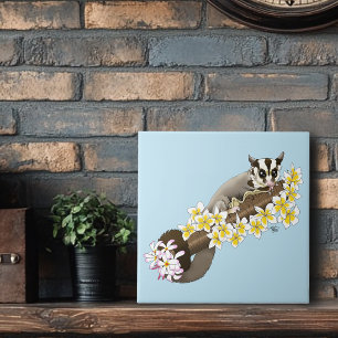 Cute Sugar Glider Tropical Plumeria Flowers Blue Tile