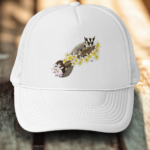 Cute Sugar Glider Tropical Plumeria Flowers Blue Trucker Hat