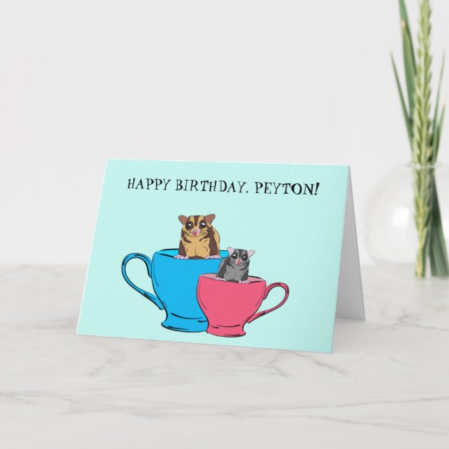 Cute Sugar Gliders in Tea Cups Personalized Card (Front)