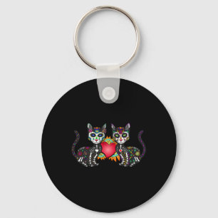 Cute Sugar Skull Cat Duo Heart Mexican Dia De Los Keychain