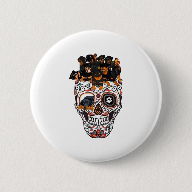 cute sugar skull dog rottweiler skull halloween 2 inch round button (Front)