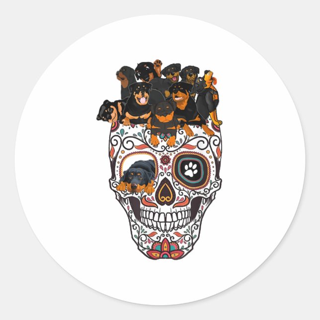 cute sugar skull dog rottweiler skull halloween classic round sticker (Front)