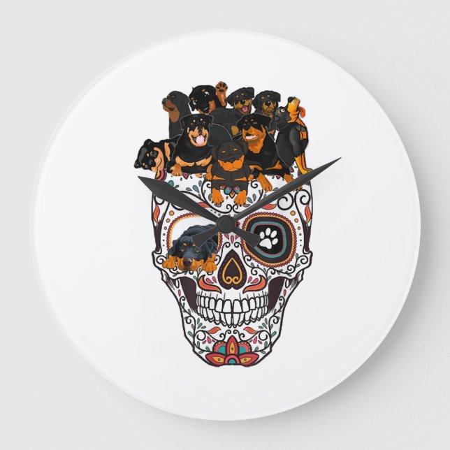 cute sugar skull dog rottweiler skull halloween large clock (Front)
