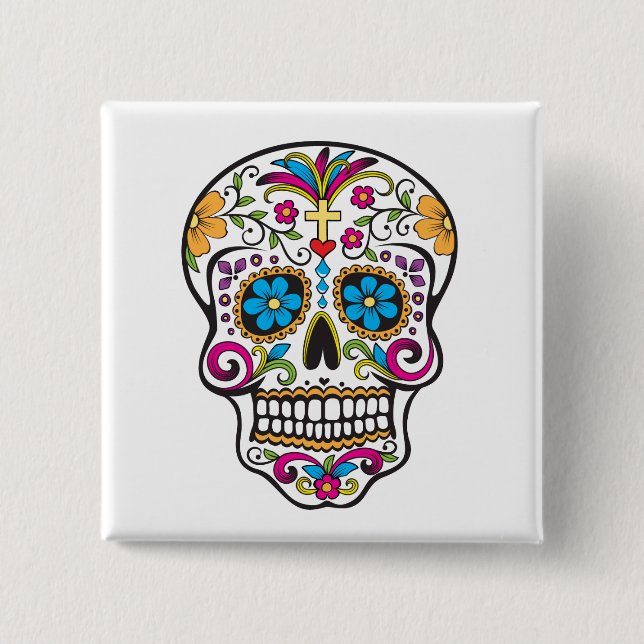 Cute Sugar Skull Happy Day of the Dead 2 Inch Square Button (Front)
