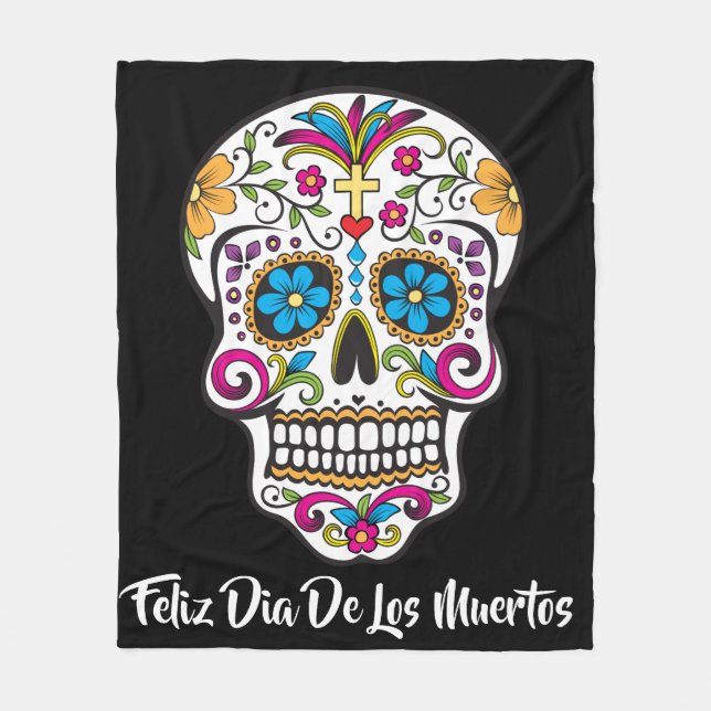 Cute Sugar Skull Happy Day of the Dead Fleece Blanket (Front)