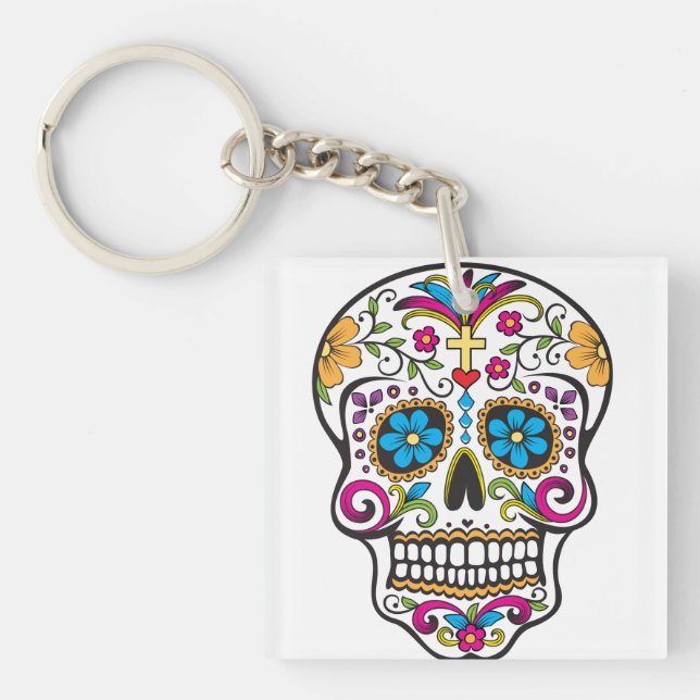 Cute Sugar Skull Happy Day of the Dead Keychain (Front)