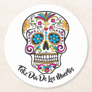 Cute Sugar Skull Happy Day of the Dead Round Paper Coaster