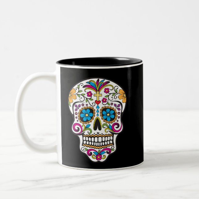 Cute Sugar Skull Happy Day of the Dead Two-Tone Coffee Mug (Left)