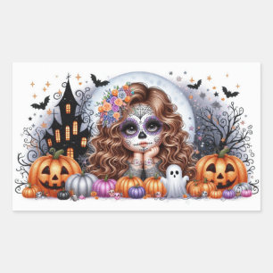 Cute Sugar Skull Haunted Halloween Scene Sticker
