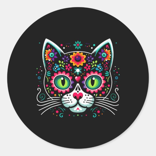 Cute Sugar Skull Mexican Cat  Classic Round Sticker (Front)