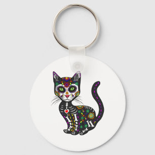 Cute Sugar Skull Mexican Cat Halloween Day Of The Keychain