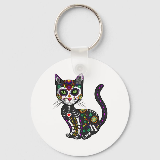 Cute Sugar Skull Mexican Cat Halloween Day Of The  Keychain (Front)