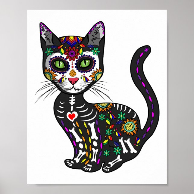 Cute Sugar Skull Mexican Cat Halloween Day Of The  Poster (Front)