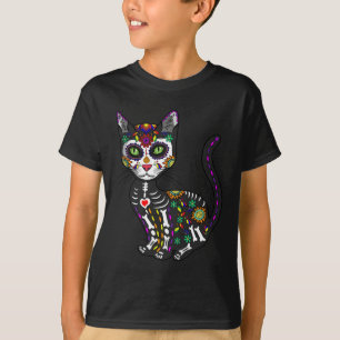 Cute Sugar Skull Mexican Cat Halloween Day Of The  T-Shirt
