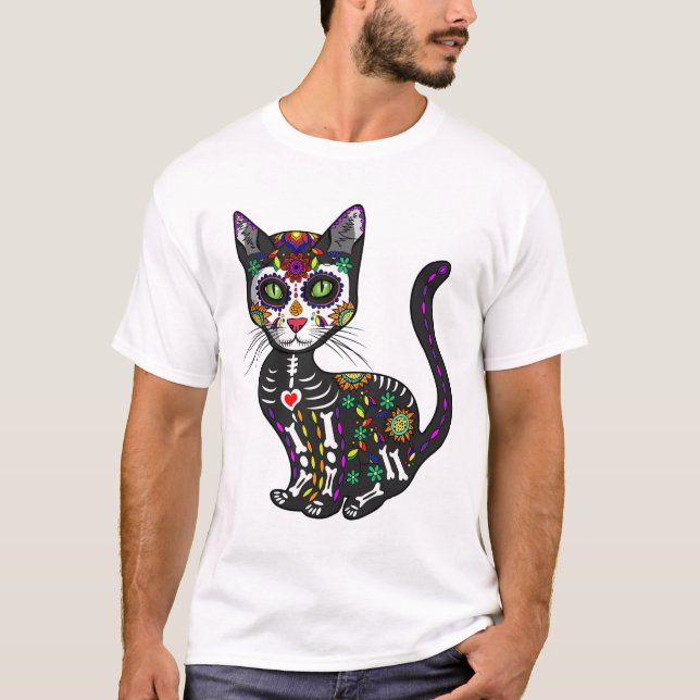 Cute Sugar Skull Mexican Cat Halloween Day Of The  T-Shirt (Front)