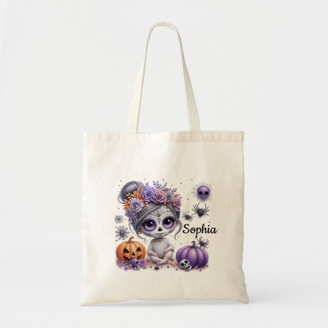 Cute Sugar Skull Witch Personalized Treat Bag (Front)