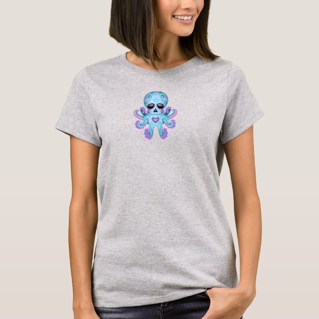 Cute Sugar Skull Zombie Octopus - Blue T-Shirt (Front)