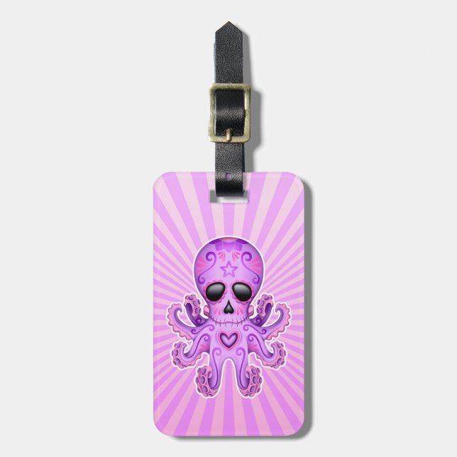 Cute Sugar Skull Zombie Octopus - Purple Luggage Tag (Front Vertical)