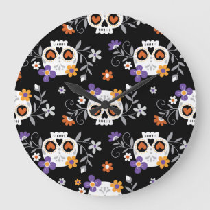 Cute Sugar Skulls Hand Drawn Large Clock