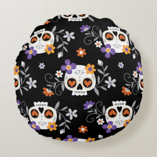 Cute Sugar Skulls Hand Drawn Round Pillow