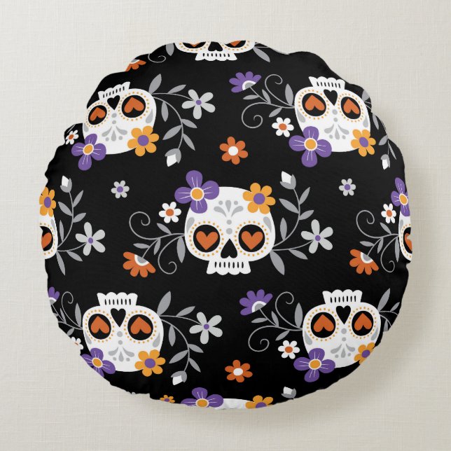 Cute Sugar Skulls Hand Drawn Round Pillow (Front)