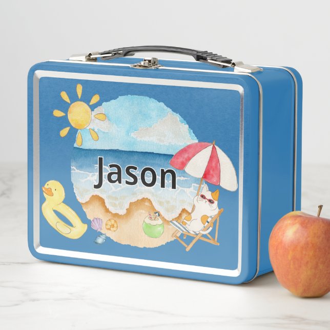 Cute Summer Beach Cat Personalized Metal Lunch Box (In Situ)