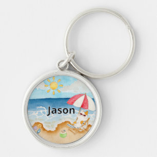 Cute Summer Beach Cat Personalized Name Keychain