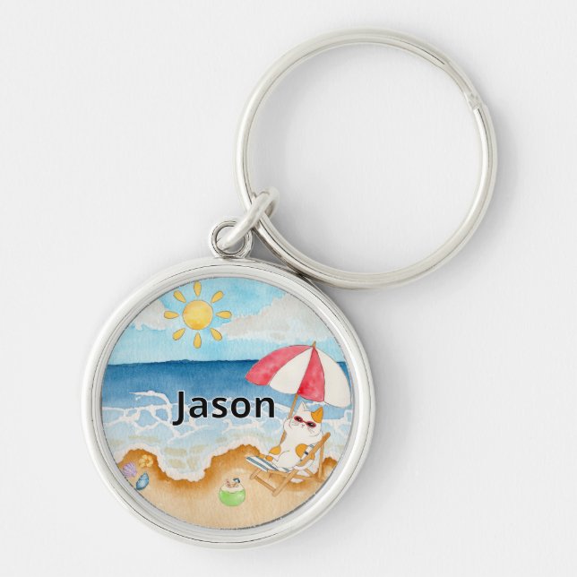 Cute Summer Beach Cat Personalized Name Keychain (Front)
