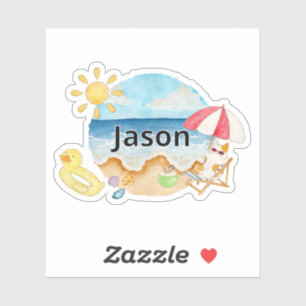 Cute Summer Beach Cat Personalized Name Sticker