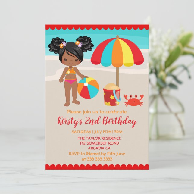 Cute Summer Beach Girl Birthday Party Invitation (Standing Front)