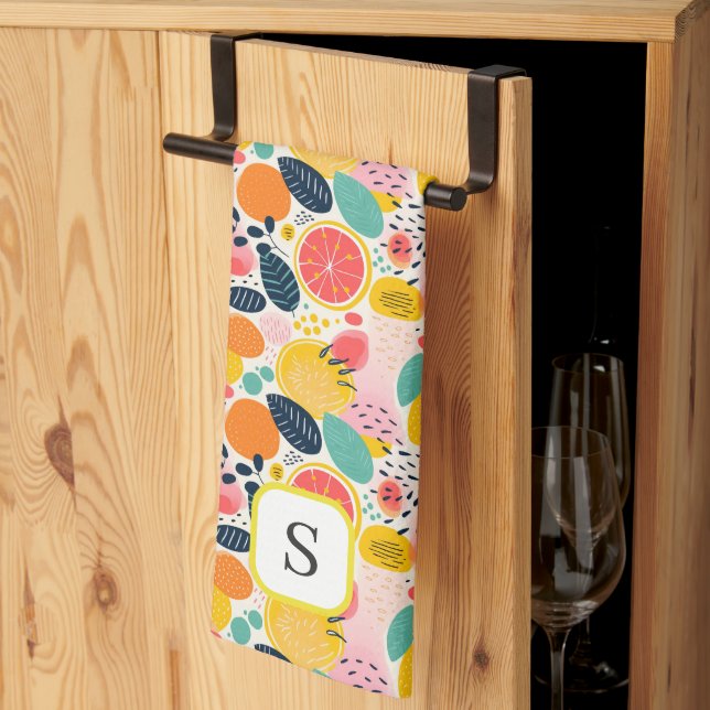 Cute Summer Citrus Fruit Monogram Initial Kitchen Towel (Thirds Fold)