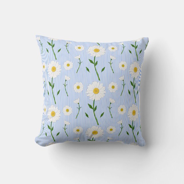 Cute Summer Daisies Pattern Light Blue Stripe Throw Pillow (Front)