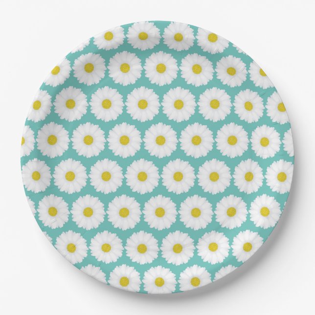Cute Summer Daisies Pattern on Blue Paper Plate (Front)