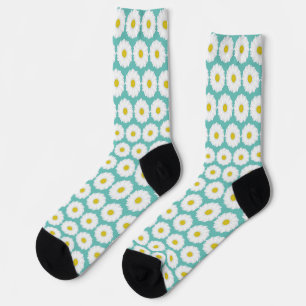 Cute Summer Daisies Pattern on Blue Socks