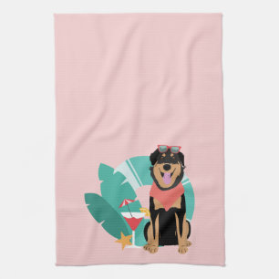 Cute Summer Dog With Sunglasses Kitchen Towel