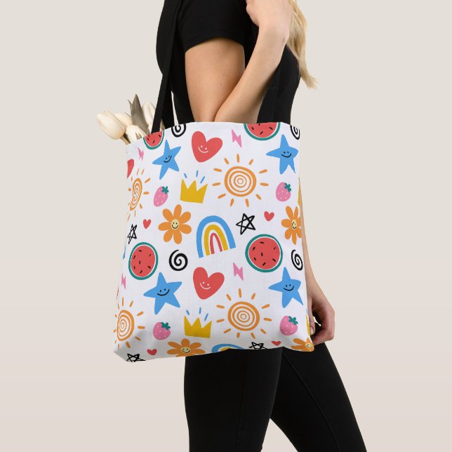 Cute Summer Doodles Whimsical Seamless Pattern Tote Bag (Close Up)