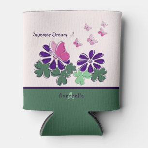 Cute Summer Dream! Pink Butterfly Purple Flower Can Cooler