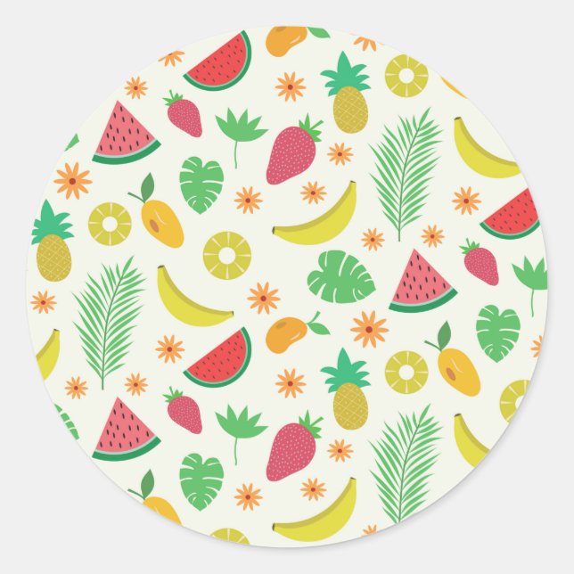 Cute summer fruits and tropical leaves pattern   classic round sticker (Front)