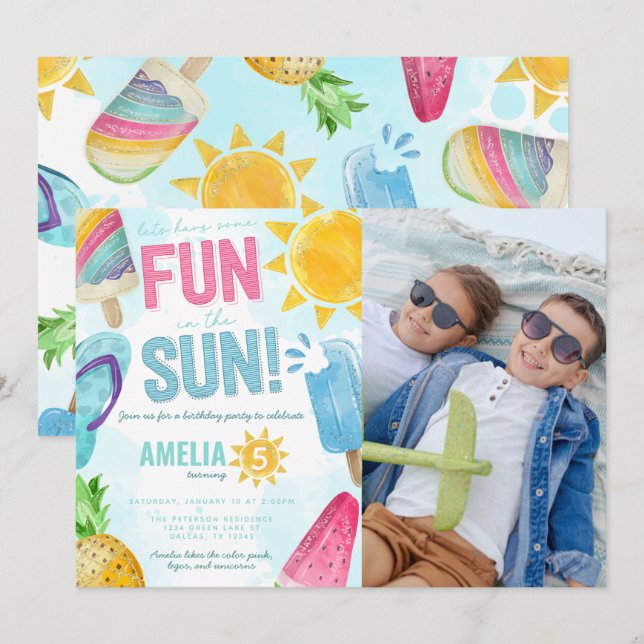 Cute Summer Fun In the Sun Birthday Pool Party Invitation (Front/Back)