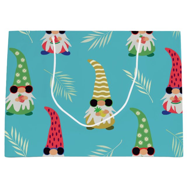 Cute summer gnomes holding fruits on blue  large gift bag (Front)