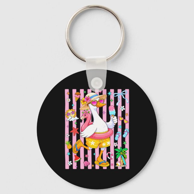 Cute Summer Goose Flamingo Pool Float Vacation Keychain (Front)