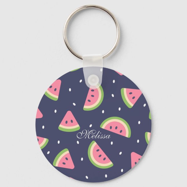 Cute Summer Green Pink Watercolor Watermelon Fruit Keychain (Front)